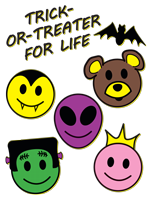 Trick-or-Treater for Life text with five emoji in Halloween costumes: a vampire, a bear, an alien, a princess, and a Frankenstein's monster