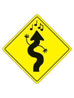 A yellow caution diamond with a swerving arrow in the style of a road sign indicating a curvy road with hands and music notes to make it look like it's dancing