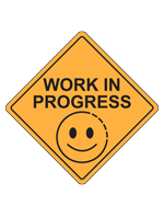An orange diamond like construction signs with a smiley emoji that has a dotted line for part of the outer circle