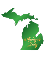 A silhouette of Michigan's two peninsulas in green with the hashtag Michigan Strong