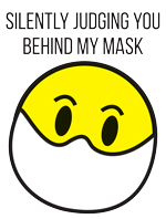 An emoji wearing a mask with a judgemental expression behind it